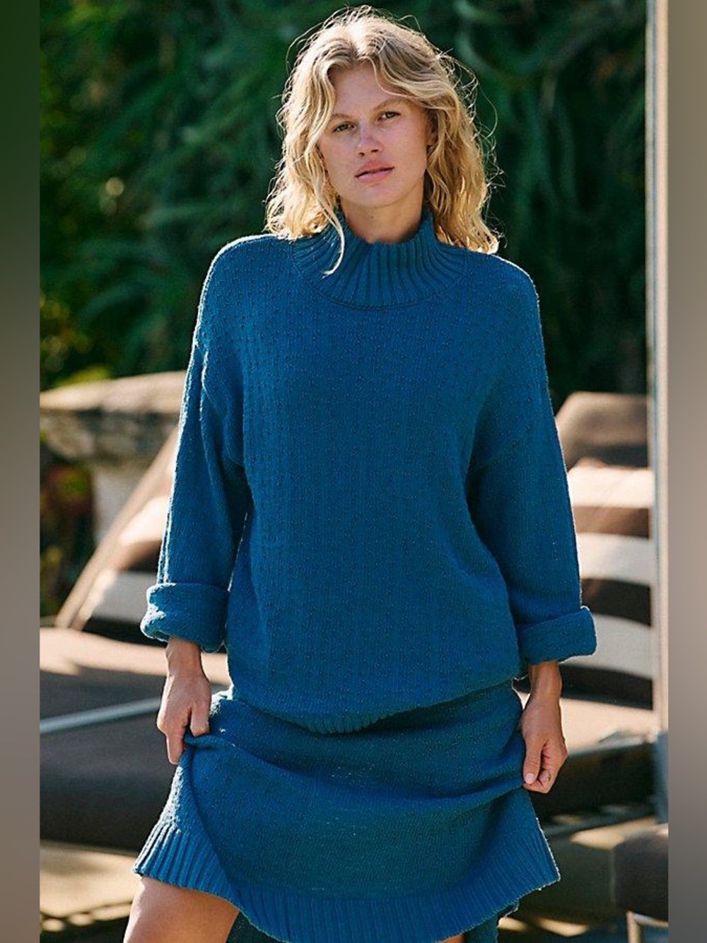 Free Est by Free people- Ribbed Mock-Neck Sweater Skirt Set in Deep Teal